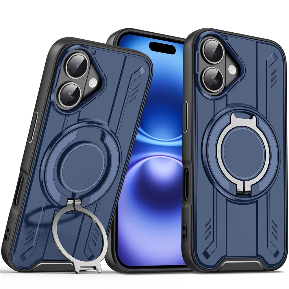 Bulk Purchasing For iPhone 16 Plus Case Compatible with MagSafe Rotating Ring Kickstand PC + TPU Shockproof Phone Cover - Blue