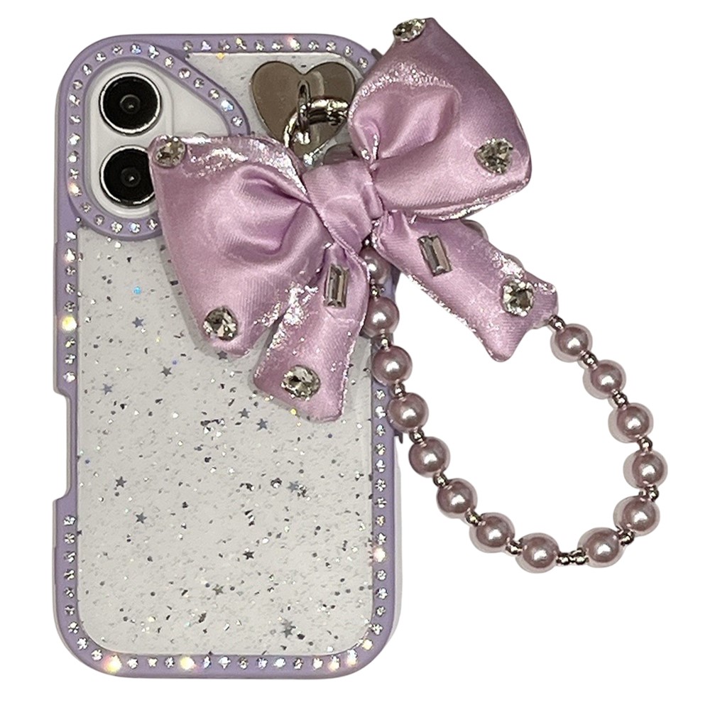 For iPhone 16 Plus Case Glitter Epoxy Design TPU + PC Phone Back Cover with Bow Strap, Rhinestone Decor - Purple