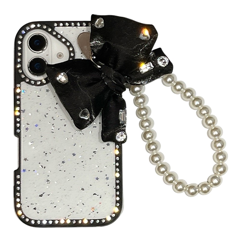 For iPhone 16 Plus Case Glitter Epoxy Design TPU + PC Phone Back Cover with Bow Strap, Rhinestone Decor - Black