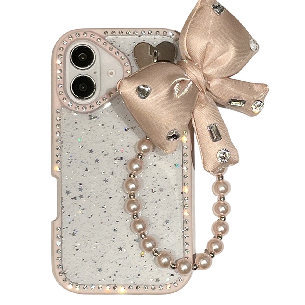 For iPhone 16 Plus Case Glitter Epoxy Design TPU + PC Phone Back Cover with Bow Strap, Rhinestone Decor - Pink