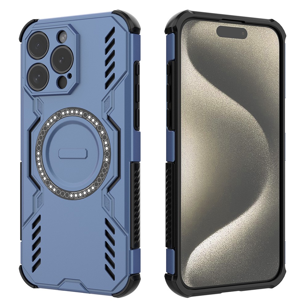 For iPhone 15 Pro Magnetic Case Butterfly Armor Hollow Heat Dissipation PC + TPU Phone Cover - Blue