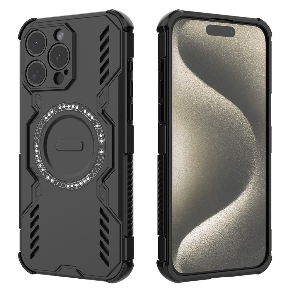 For iPhone 15 Pro Max Magnetic Case Butterfly Armor Hollow Heat Dissipation PC + TPU Phone Cover - Black