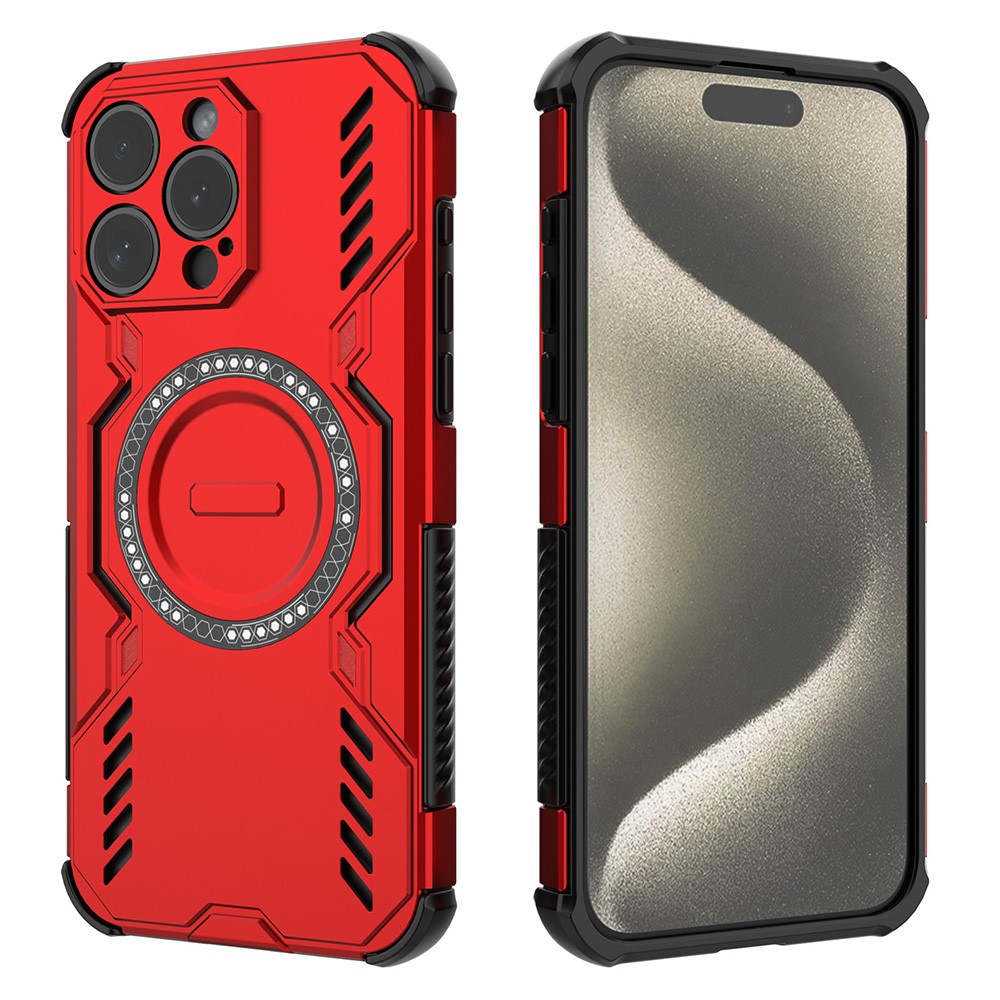 For iPhone 15 Pro Max Magnetic Case Butterfly Armor Hollow Heat Dissipation PC + TPU Phone Cover - Red