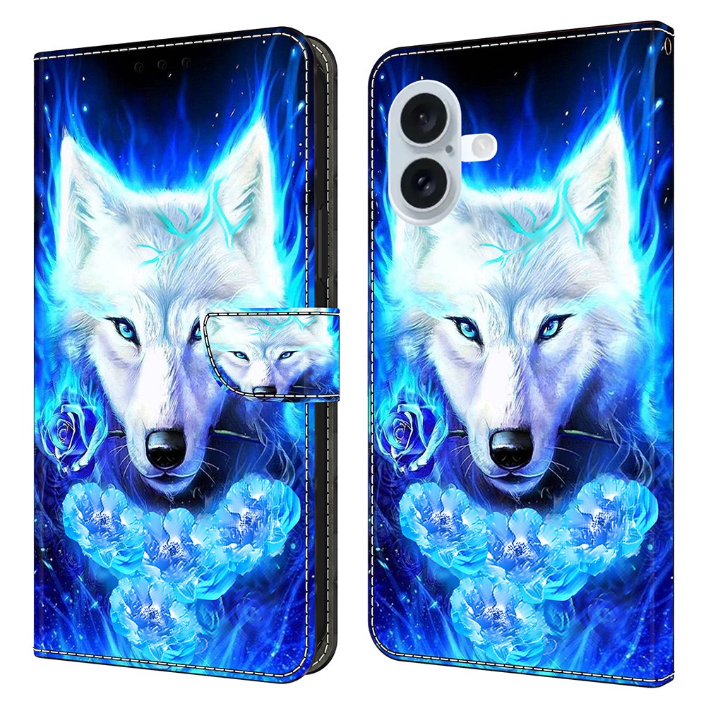 For iPhone 16 Plus Leather Case Pattern Printing Wallet Stand Flip Phone Cover - White Wolf
