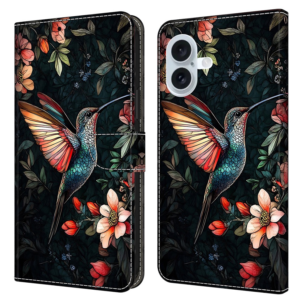 For iPhone 16 Plus Leather Case Pattern Printing Wallet Stand Flip Phone Cover - Green Magpie