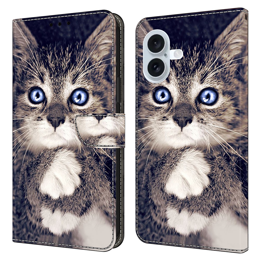 For iPhone 16 Plus Leather Case Pattern Printing Wallet Stand Flip Phone Cover - Hand-holding Cat