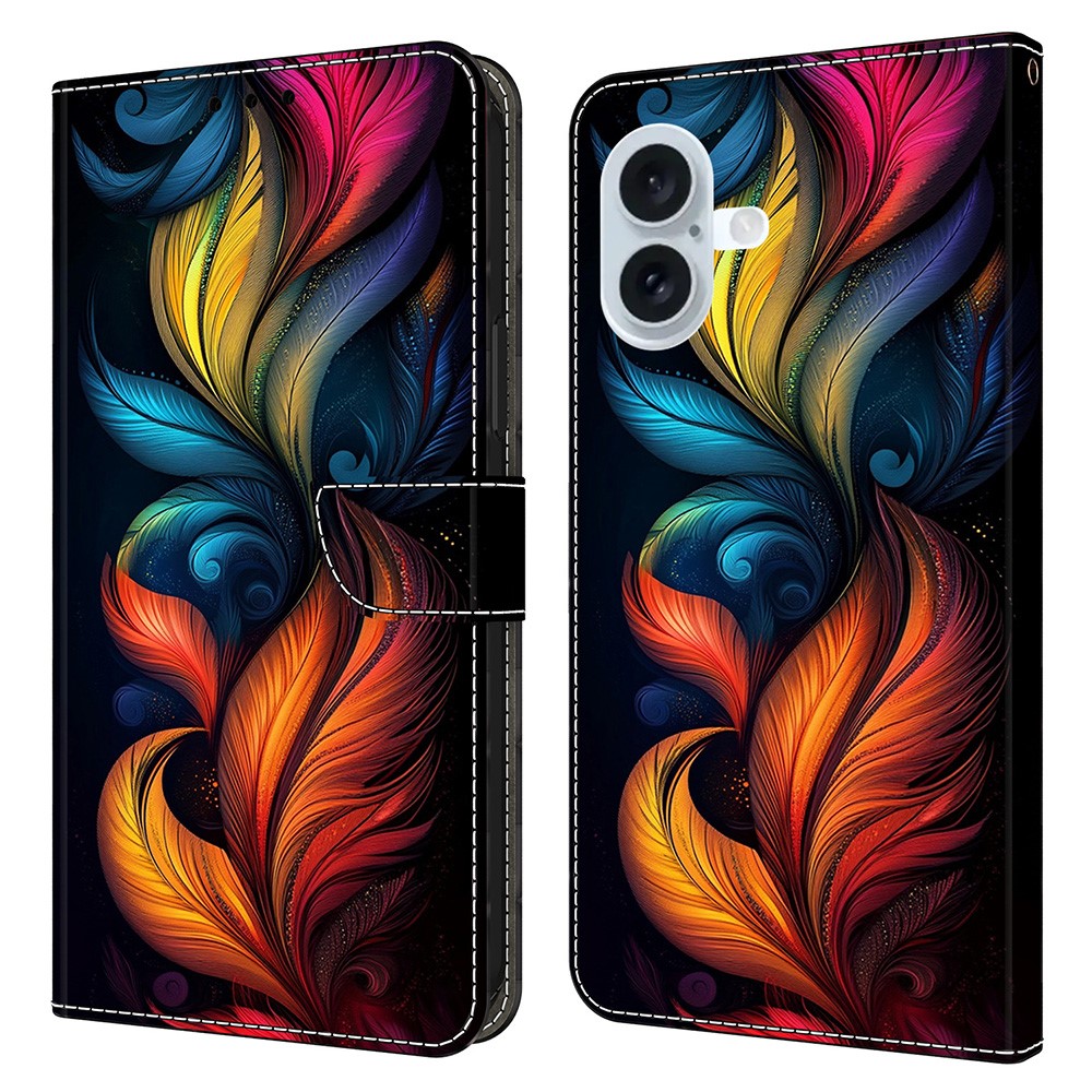 For iPhone 16 Plus Leather Case Pattern Printing Wallet Stand Flip Phone Cover - Colorful Feathers