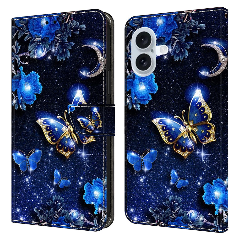 For iPhone 16 Plus Leather Case Pattern Printing Wallet Stand Flip Phone Cover - Brilliant Butterfly