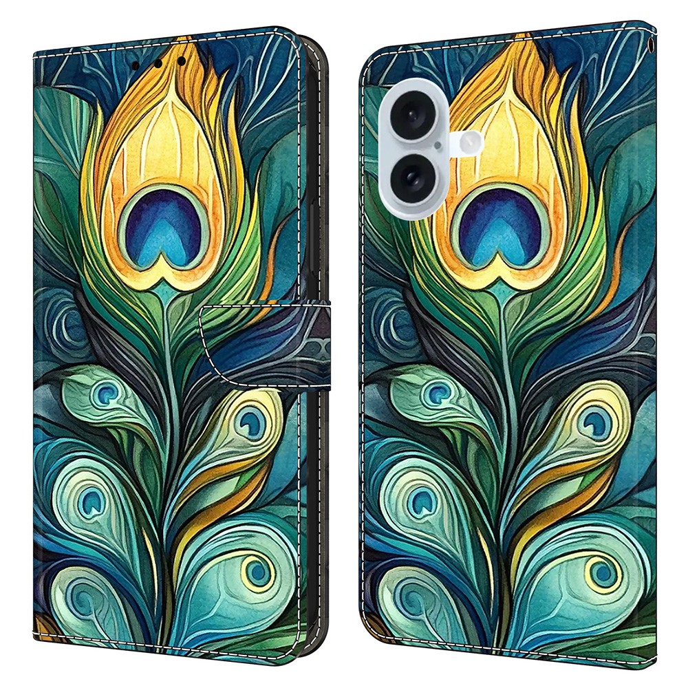 For iPhone 16 Plus Leather Case Pattern Printing Wallet Stand Flip Phone Cover - Green Feathers