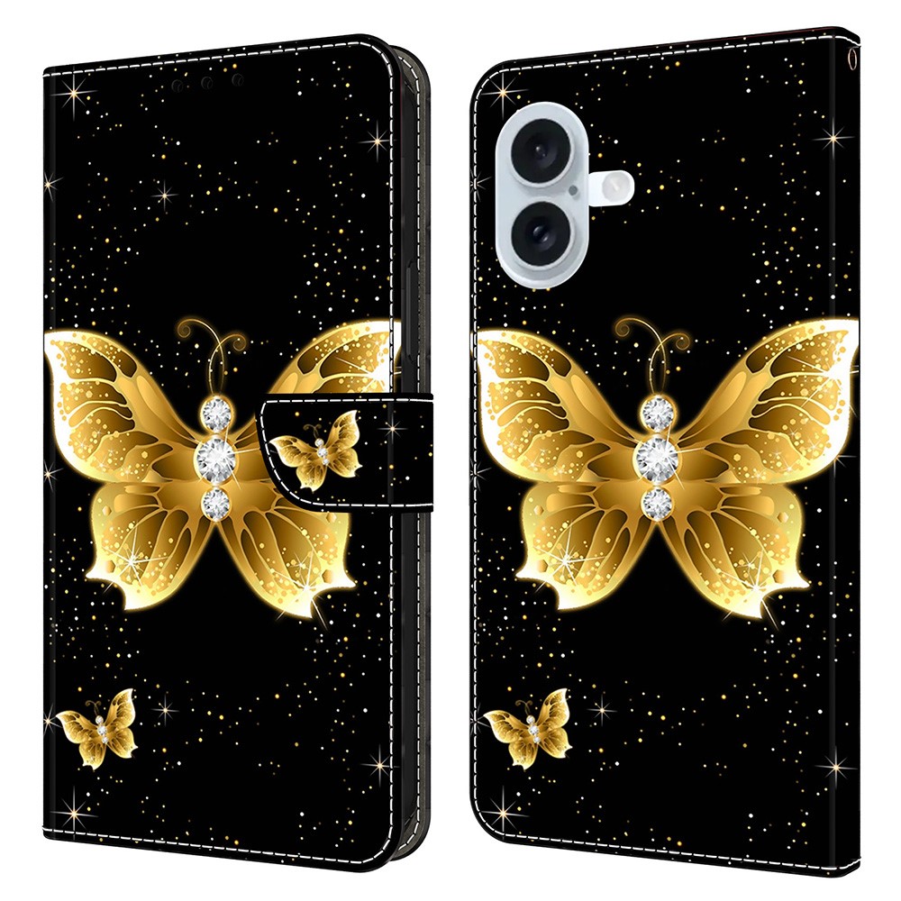 For iPhone 16 Plus Leather Case Pattern Printing Wallet Stand Flip Phone Cover - Golden Butterflies