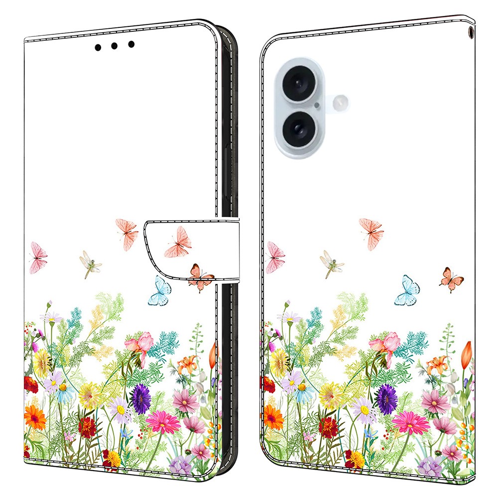 For iPhone 16 Plus Leather Case Pattern Printing Wallet Stand Flip Phone Cover - Flowers and Grass
