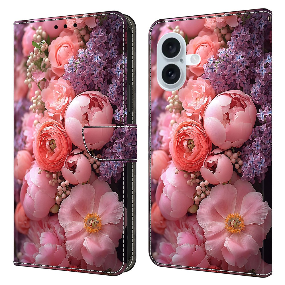For iPhone 16 Plus Leather Case Pattern Printing Wallet Stand Flip Phone Cover - Ranunculaceae