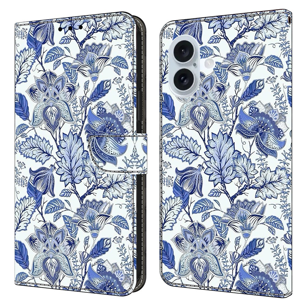 For iPhone 16 Plus Leather Case Pattern Printing Wallet Stand Flip Phone Cover - Blue Flower Bush