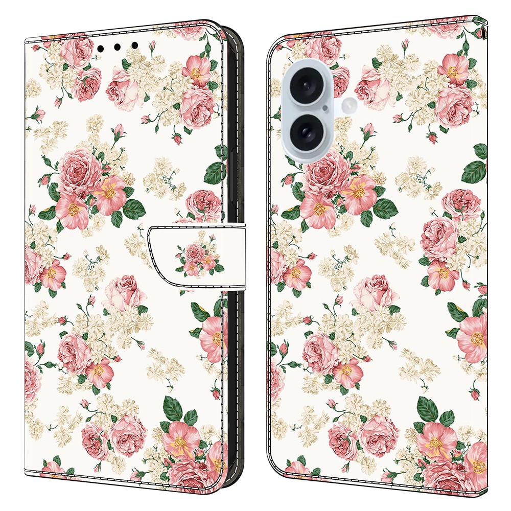 For iPhone 16 Plus Leather Case Pattern Printing Wallet Stand Flip Phone Cover - Peony