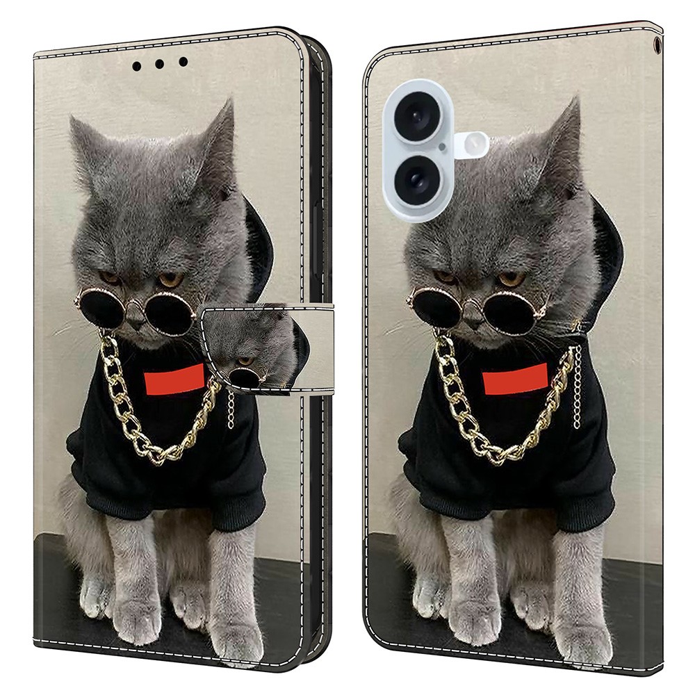For iPhone 16 Plus Leather Case Pattern Printing Wallet Stand Flip Phone Cover - Cat with Glasses and Necklace