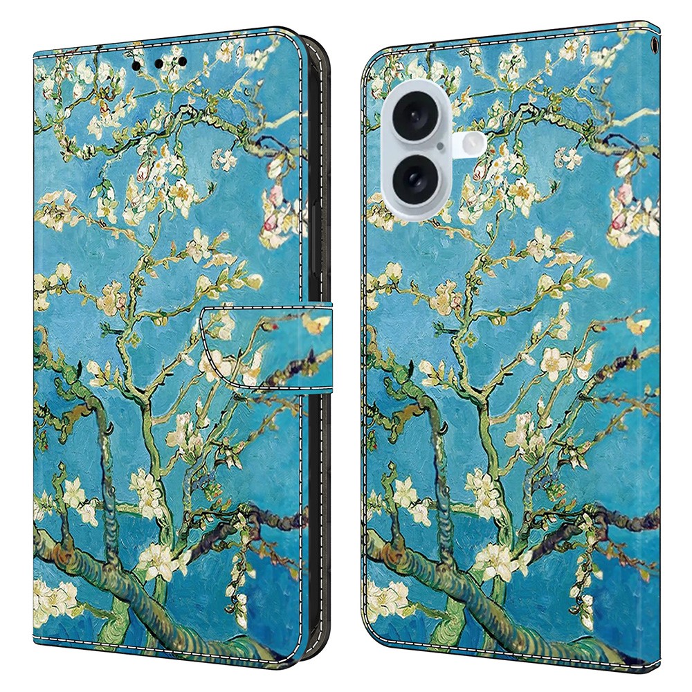 For iPhone 16 Plus Leather Case Pattern Printing Wallet Stand Flip Phone Cover - Apricot Blossom