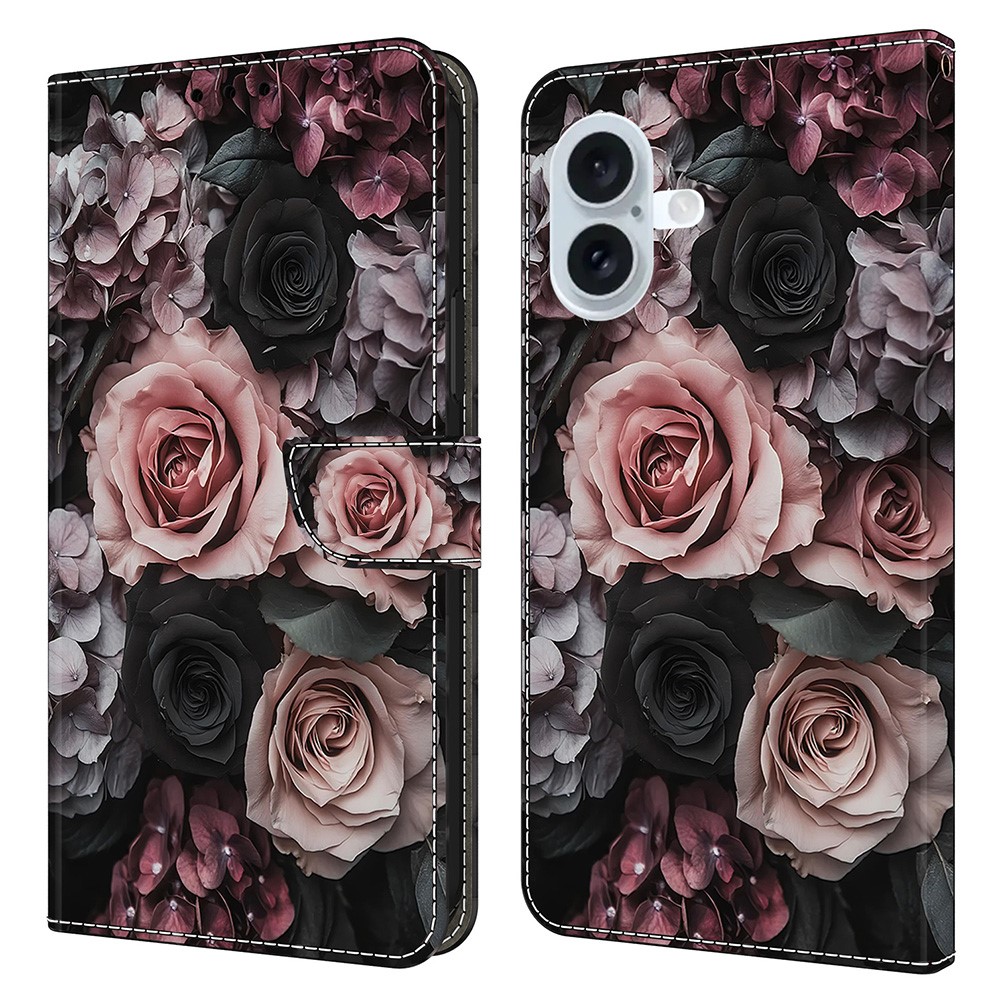 For iPhone 16 Plus Leather Case Pattern Printing Wallet Stand Flip Phone Cover - Chinese Rose