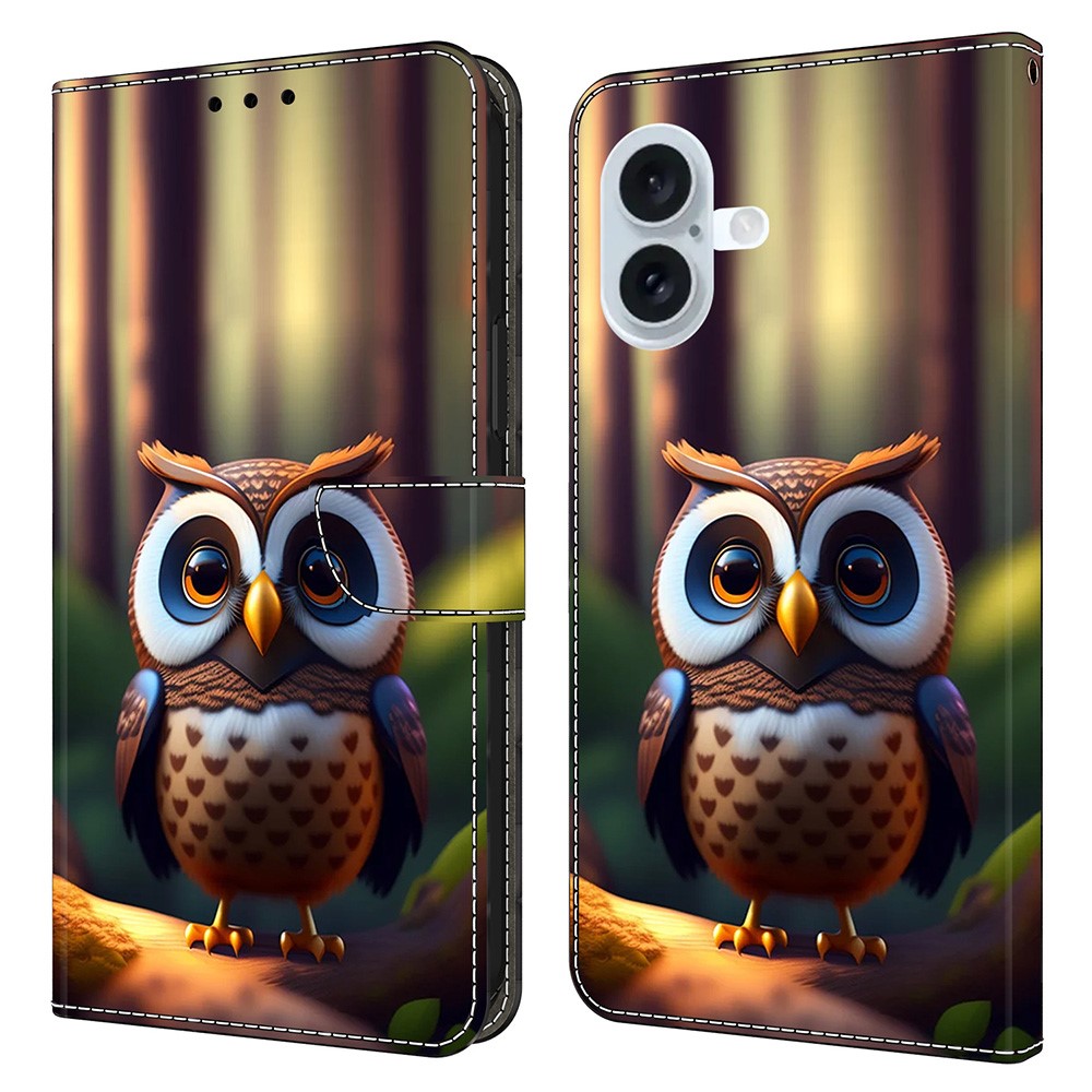 For iPhone 16 Plus Leather Case Pattern Printing Wallet Stand Flip Phone Cover - Brown Little Owl