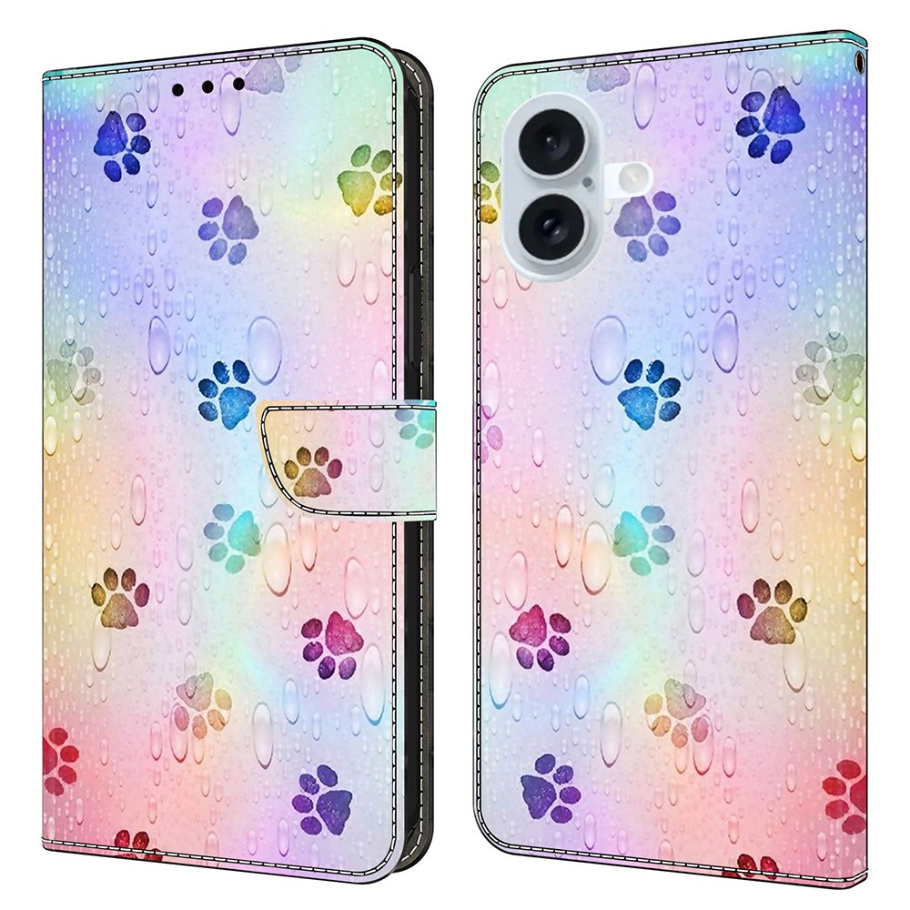 For iPhone 16 Plus Leather Case Pattern Printing Wallet Stand Flip Phone Cover - Cat Footprints