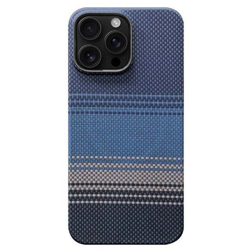 For iPhone 15 Pro Case Gradient Aramid Fiber Magnetic Phone Cover with Metal Lens Frame - Blue Floating Weave