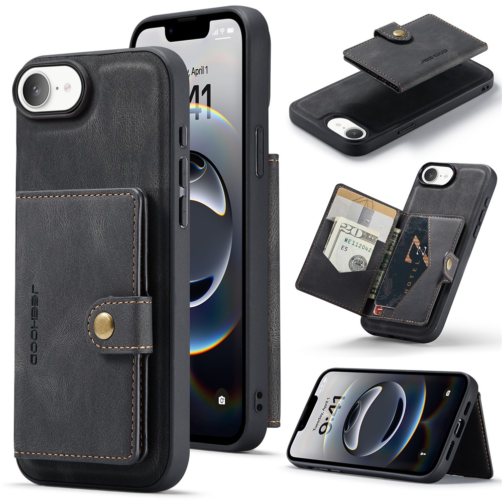 For iPhone 16e Case JEEHOOD J01 Retro Leather Phone Back Cover with Detachable Magnetic Card Holder - Black