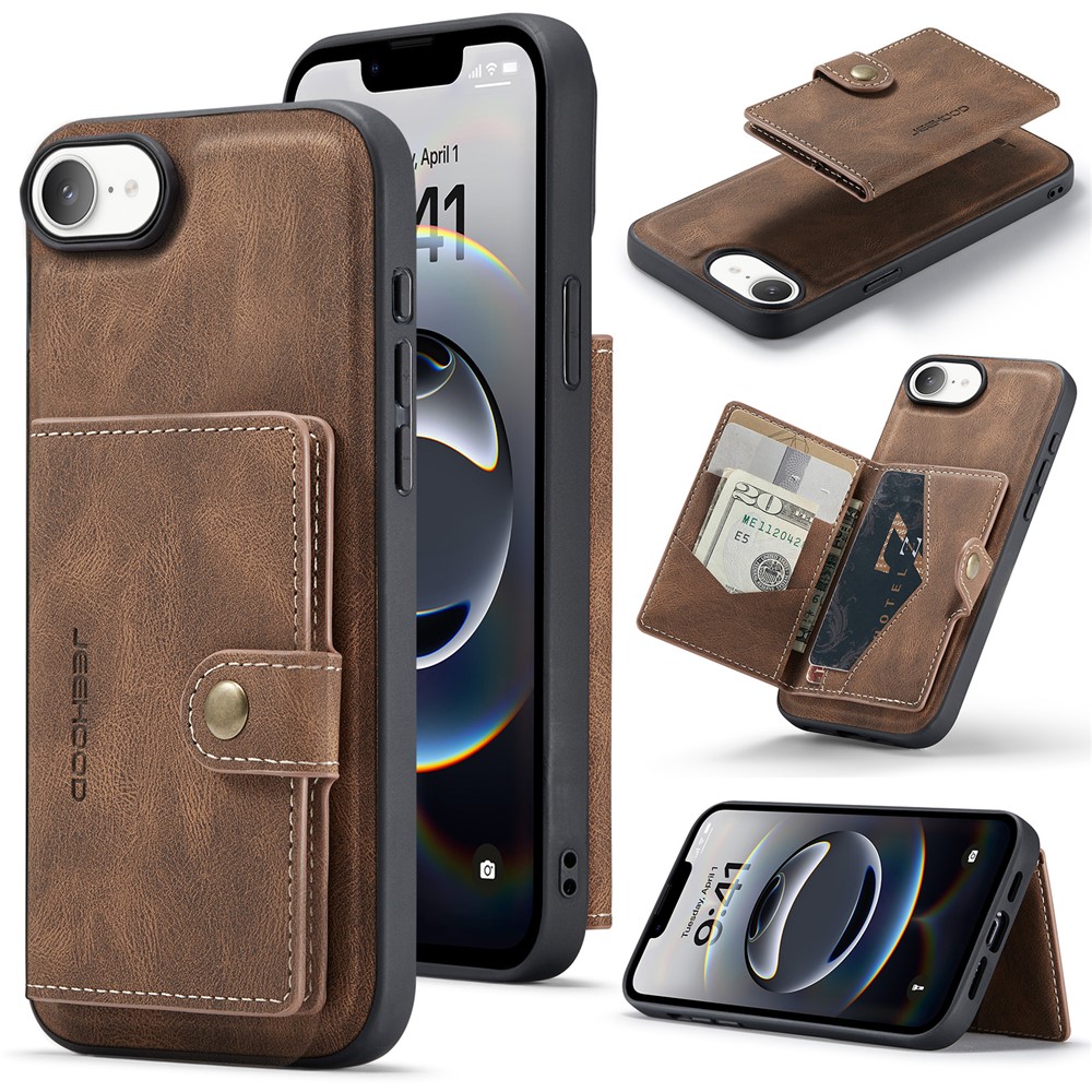For iPhone 16e Case JEEHOOD J01 Retro Leather Phone Back Cover with Detachable Magnetic Card Holder - Brown