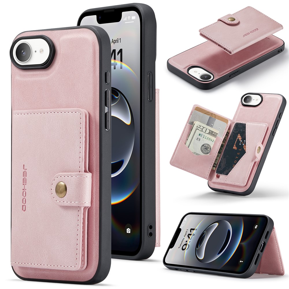 For iPhone 16e Case JEEHOOD J01 Retro Leather Phone Back Cover with Detachable Magnetic Card Holder - Pink