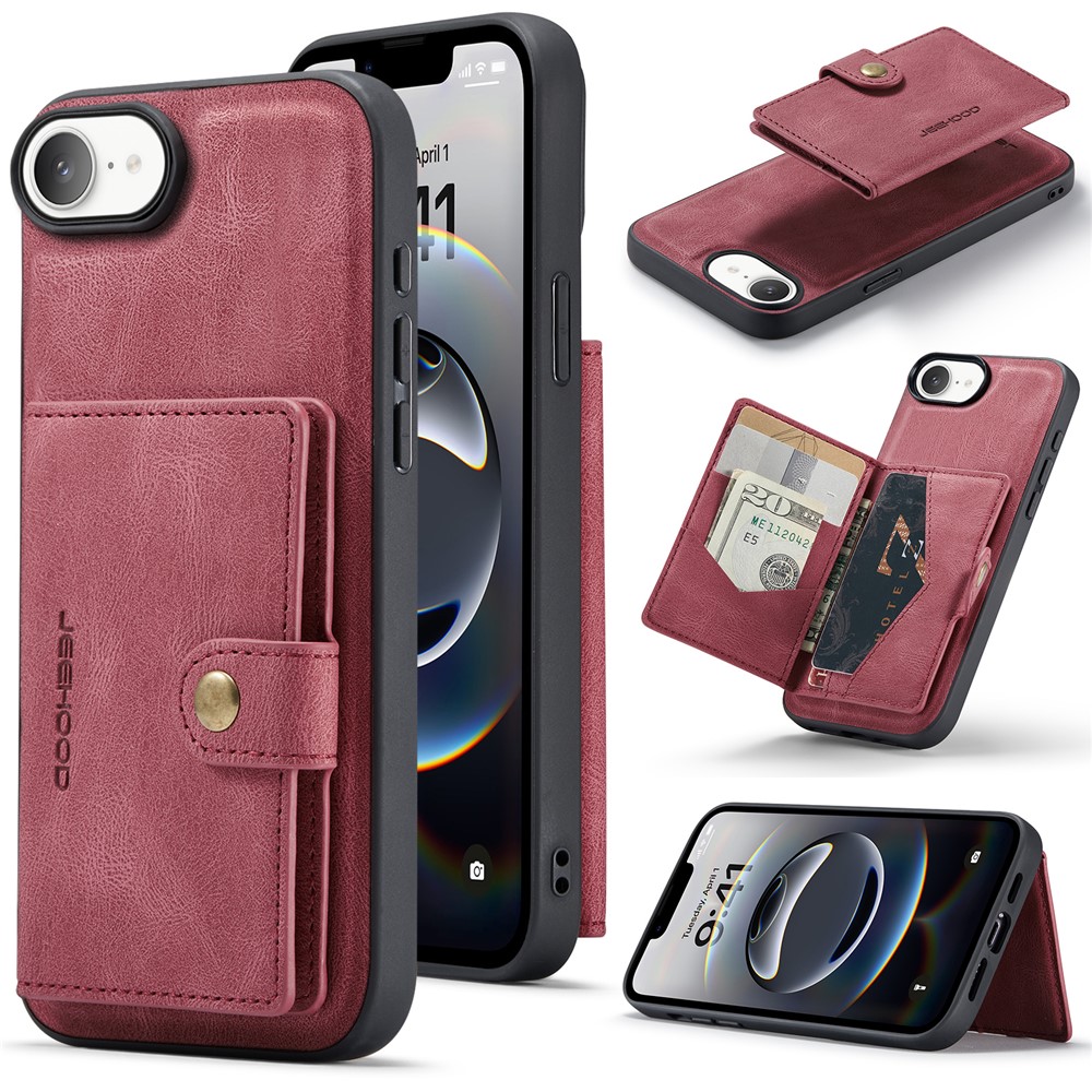 For iPhone 16e Case JEEHOOD J01 Retro Leather Phone Back Cover with Detachable Magnetic Card Holder - Red