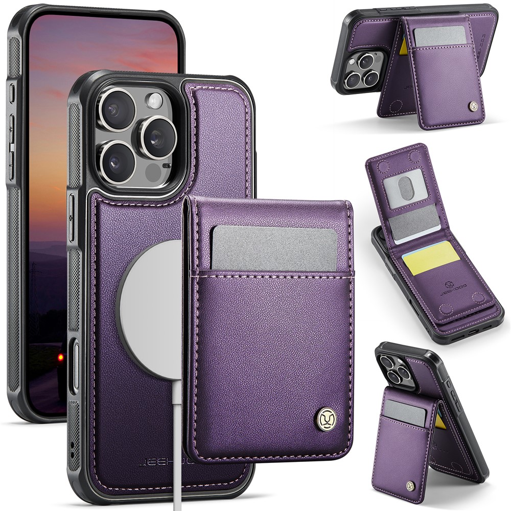 For iPhone 15 Pro Max Leather Back Cover Compatible with MagSafe JEEHOOD J06 Phone Case with Card Bag RFID Blocking - Purple