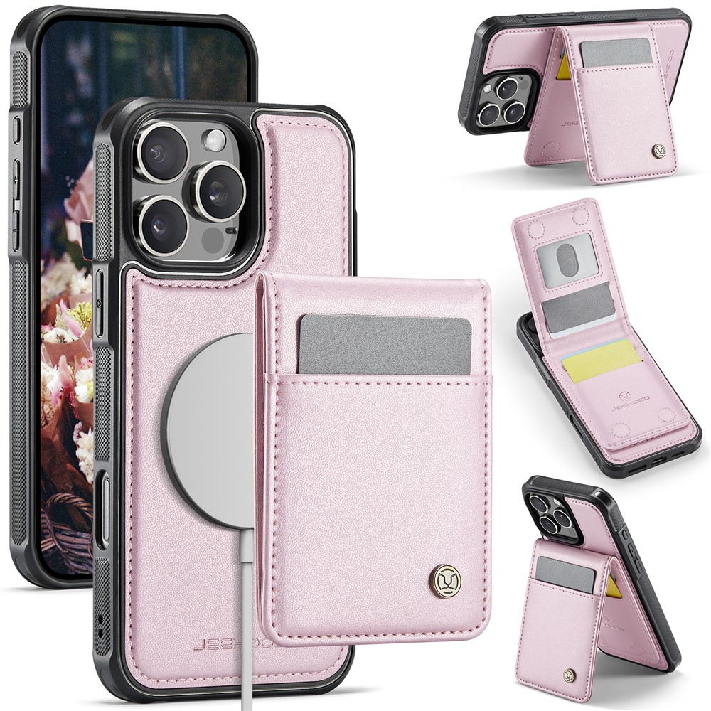 For iPhone 15 Pro Max Leather Back Cover Compatible with MagSafe JEEHOOD J06 Phone Case with Card Bag RFID Blocking - Pink