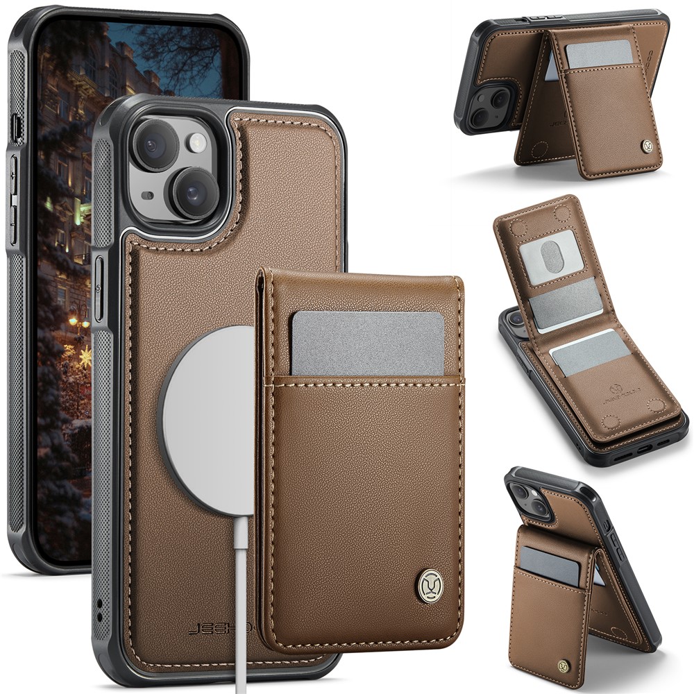 For iPhone 15 Leather Back Cover Compatible with MagSafe JEEHOOD J06 Phone Case with Card Bag RFID Blocking - Brown