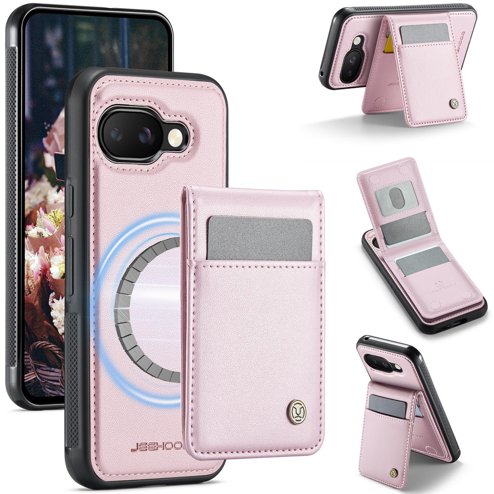 For Google Pixel 9a Leather Back Cover Compatible with MagSafe JEEHOOD J06 Phone Case with Card Bag RFID Blocking - Pink