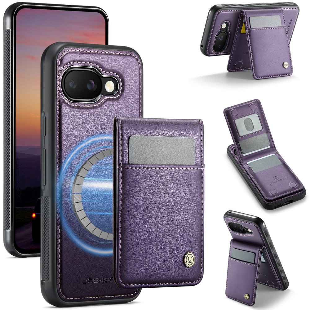 For Google Pixel 9a Leather Back Cover Compatible with MagSafe JEEHOOD J06 Phone Case with Card Bag RFID Blocking - Purple