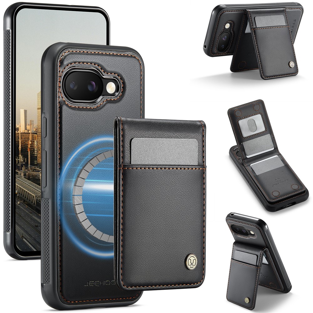 For Google Pixel 9a Leather Back Cover Compatible with MagSafe JEEHOOD J06 Phone Case with Card Bag RFID Blocking - Black