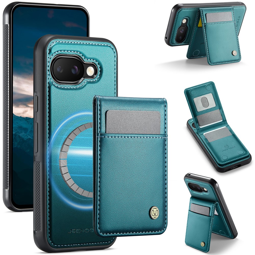 For Google Pixel 9a Leather Back Cover Compatible with MagSafe JEEHOOD J06 Phone Case with Card Bag RFID Blocking - Blue