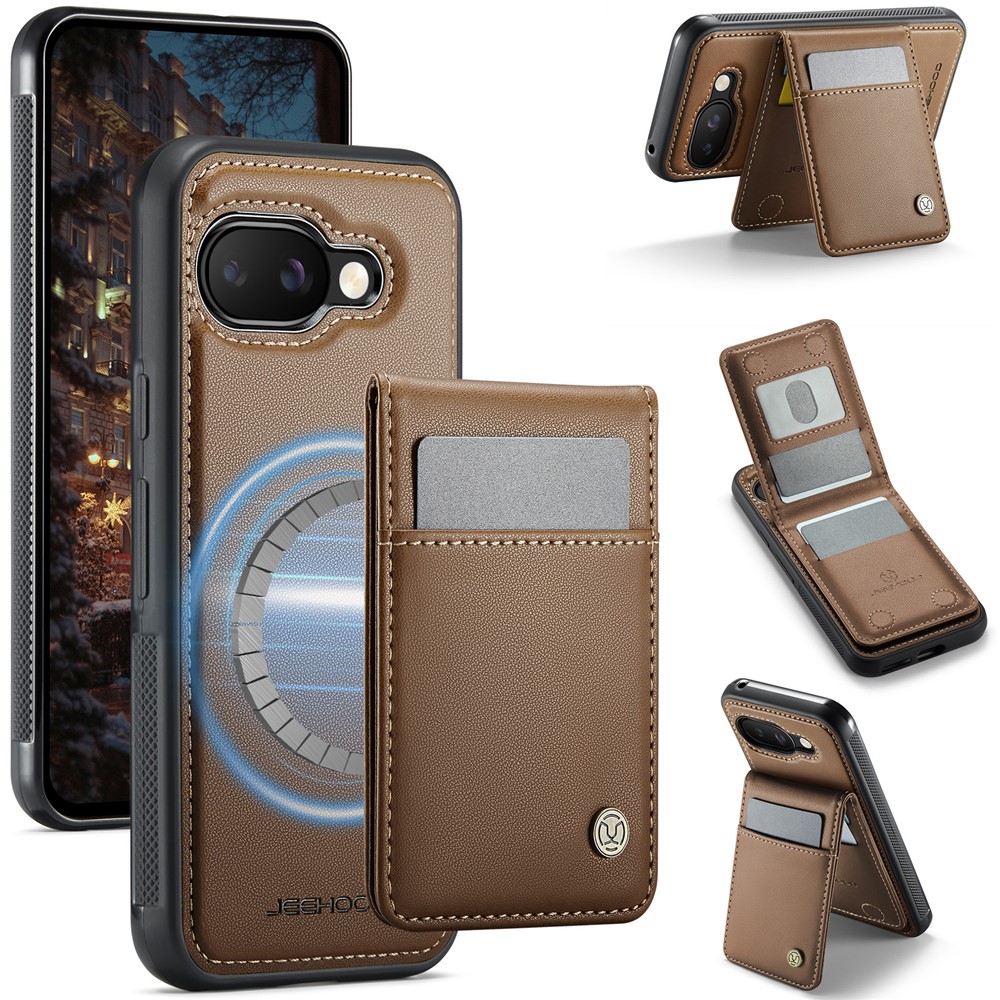 For Google Pixel 9a Leather Back Cover Compatible with MagSafe JEEHOOD J06 Phone Case with Card Bag RFID Blocking - Brown