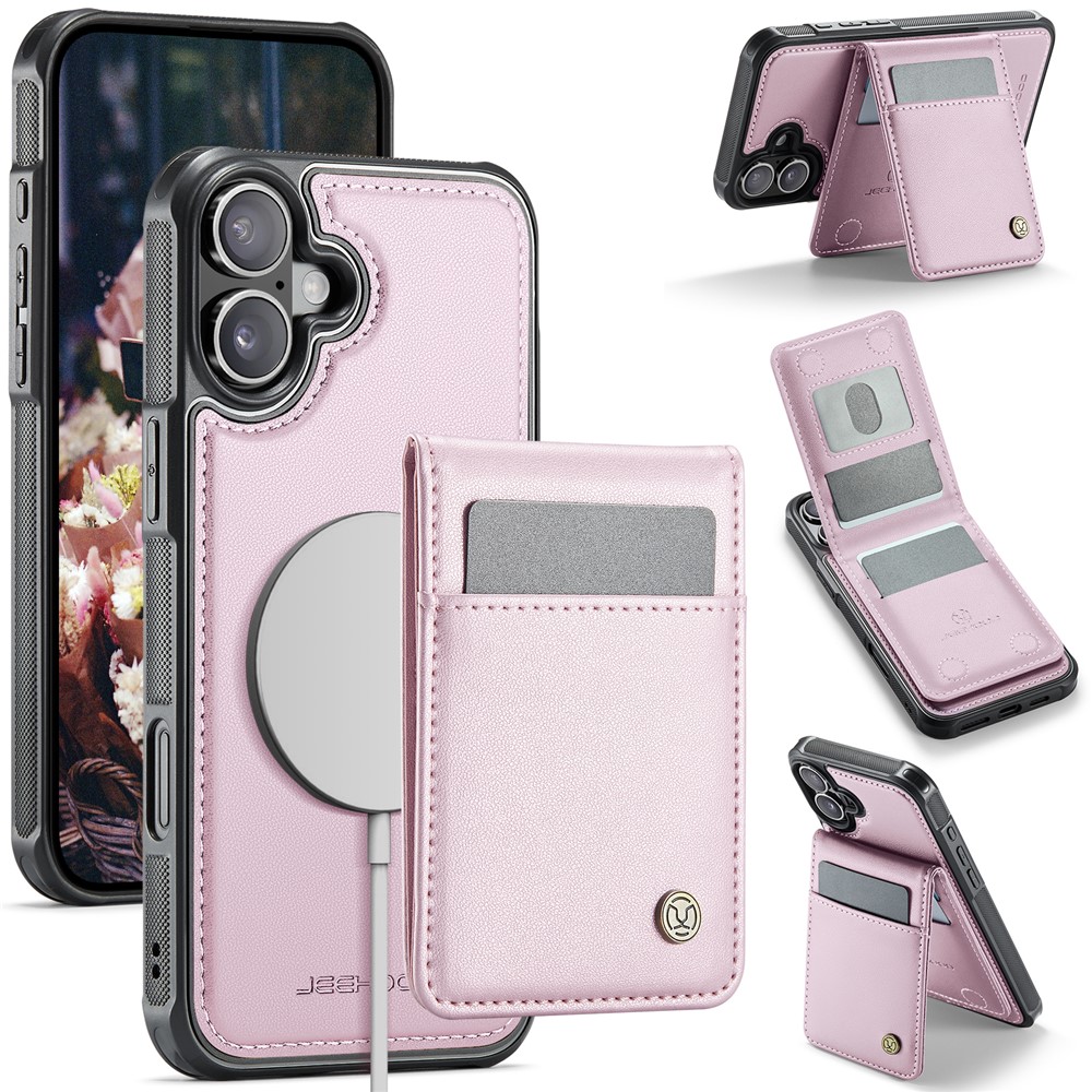 For iPhone 16 Plus Leather Back Cover Compatible with MagSafe JEEHOOD J06 Phone Case with Card Bag RFID Blocking - Pink