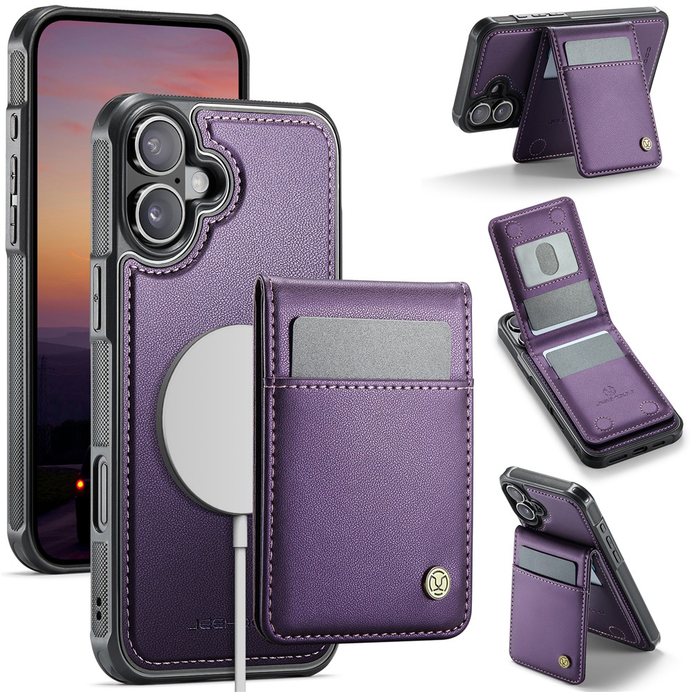 For iPhone 16 Plus Leather Back Cover Compatible with MagSafe JEEHOOD J06 Phone Case with Card Bag RFID Blocking - Purple