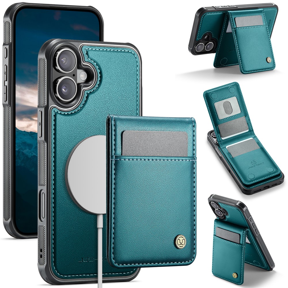 For iPhone 16 Plus Leather Back Cover Compatible with MagSafe JEEHOOD J06 Phone Case with Card Bag RFID Blocking - Blue