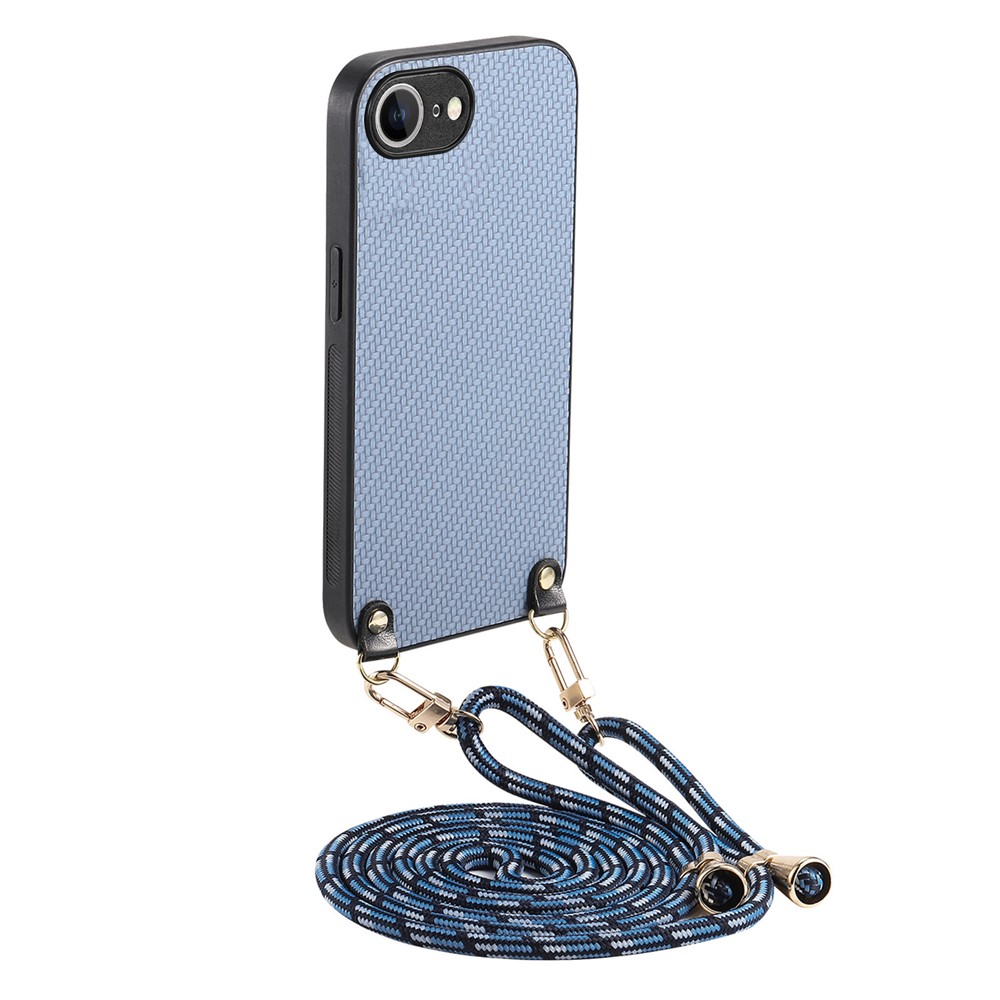 For iPhone 16e Case Carbon Fiber Texture PU + PC + TPU Anti Drop Phone Cover with Crossbody Lanyard - Blue