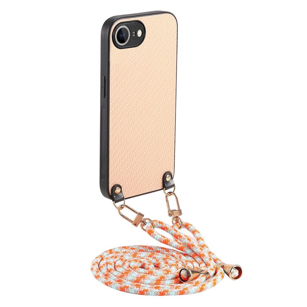 For iPhone 16e Case Carbon Fiber Texture PU + PC + TPU Anti Drop Phone Cover with Crossbody Lanyard - Khaki