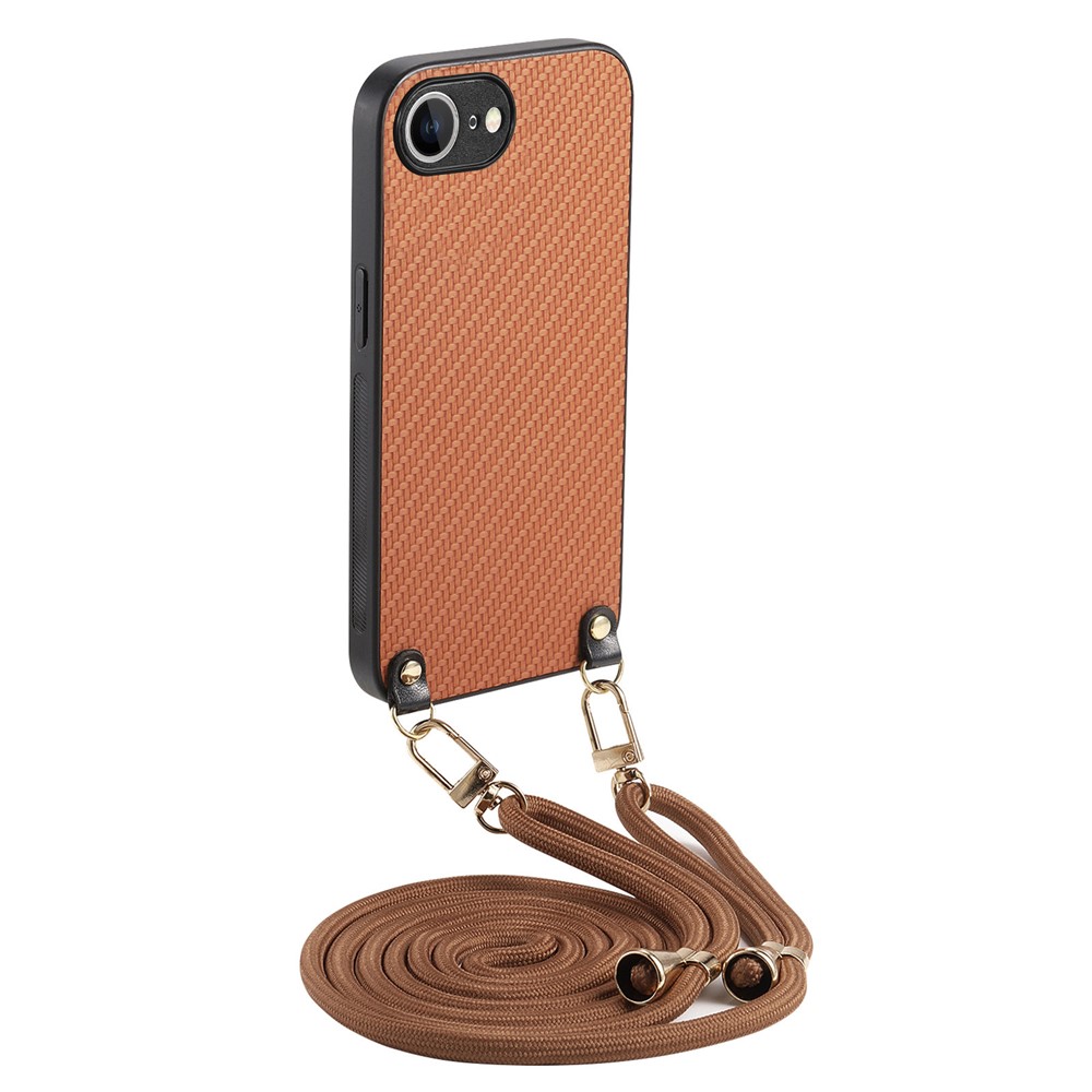 For iPhone 16e Case Carbon Fiber Texture PU + PC + TPU Anti Drop Phone Cover with Crossbody Lanyard - Brown