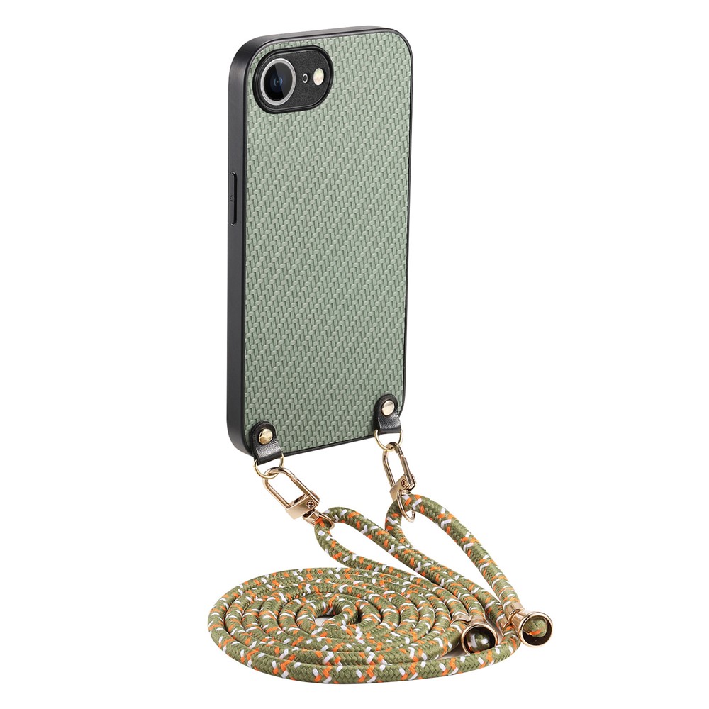 For iPhone 16e Case Carbon Fiber Texture PU + PC + TPU Anti Drop Phone Cover with Crossbody Lanyard - Green
