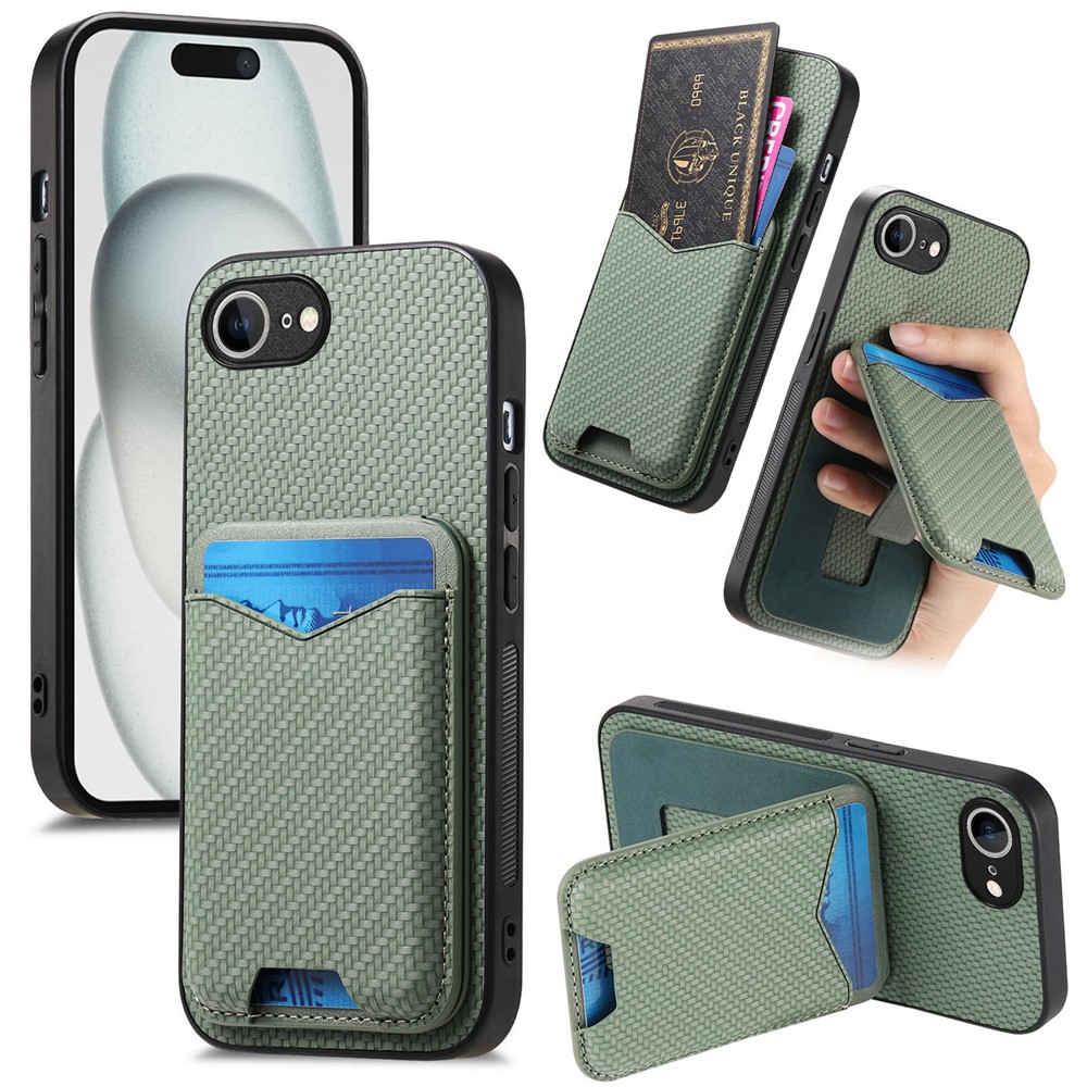 For iPhone 16e Case Card Holder Kickstand Carbon Fiber Texture Back Cover - Green