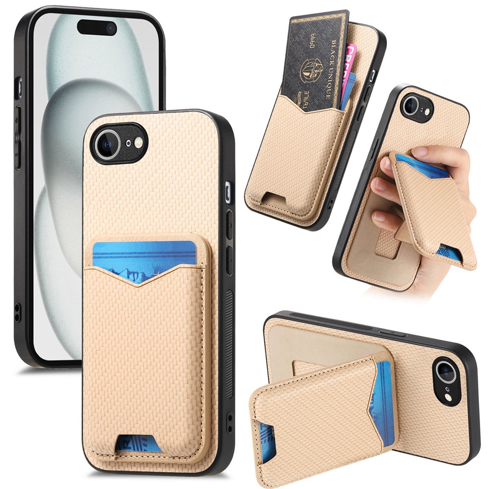 For iPhone 16e Case Card Holder Kickstand Carbon Fiber Texture Back Cover - Khaki