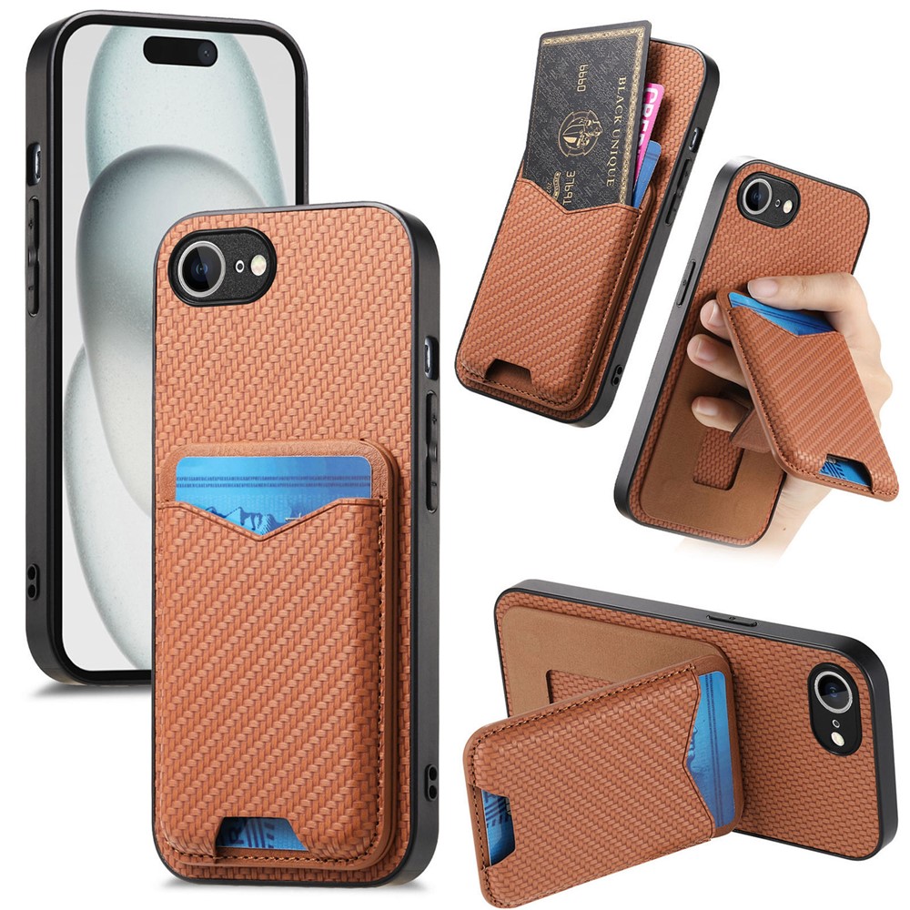 For iPhone 16e Case Card Holder Kickstand Carbon Fiber Texture Back Cover - Brown