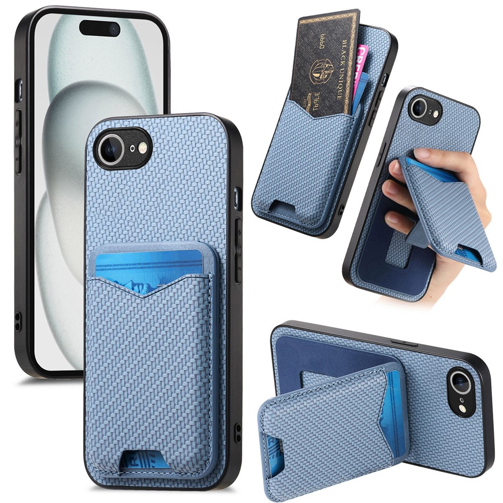 For iPhone 16e Case Card Holder Kickstand Carbon Fiber Texture Back Cover - Blue