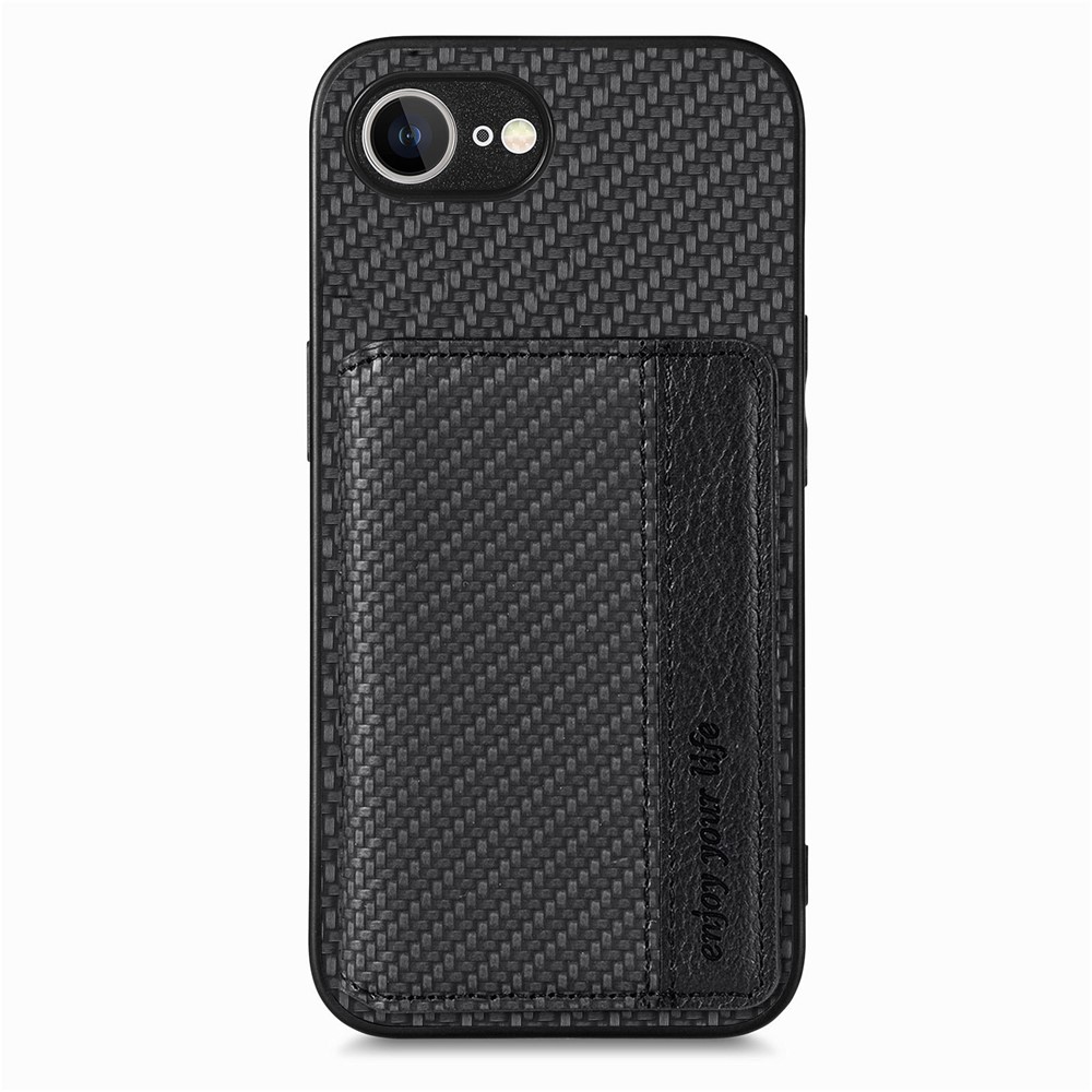 For iPhone 16e Case RFID Blocking Carbon Fiber Leather Phone Back Cover with Card Holder - Black