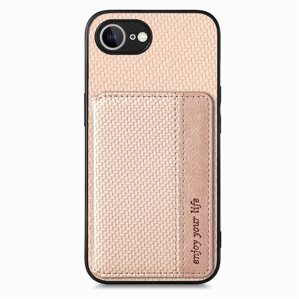 For iPhone 16e Case RFID Blocking Carbon Fiber Leather Phone Back Cover with Card Holder - Apricot
