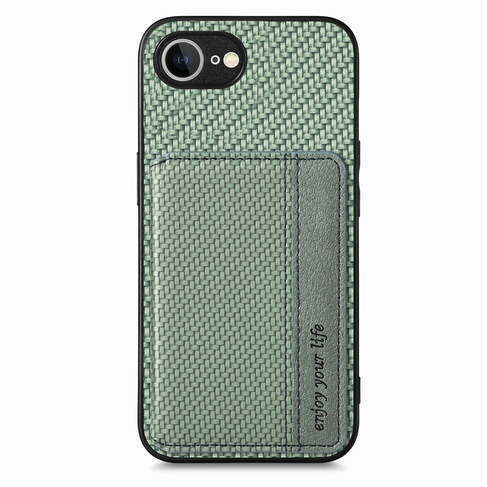 For iPhone 16e Case RFID Blocking Carbon Fiber Leather Phone Back Cover with Card Holder - Green